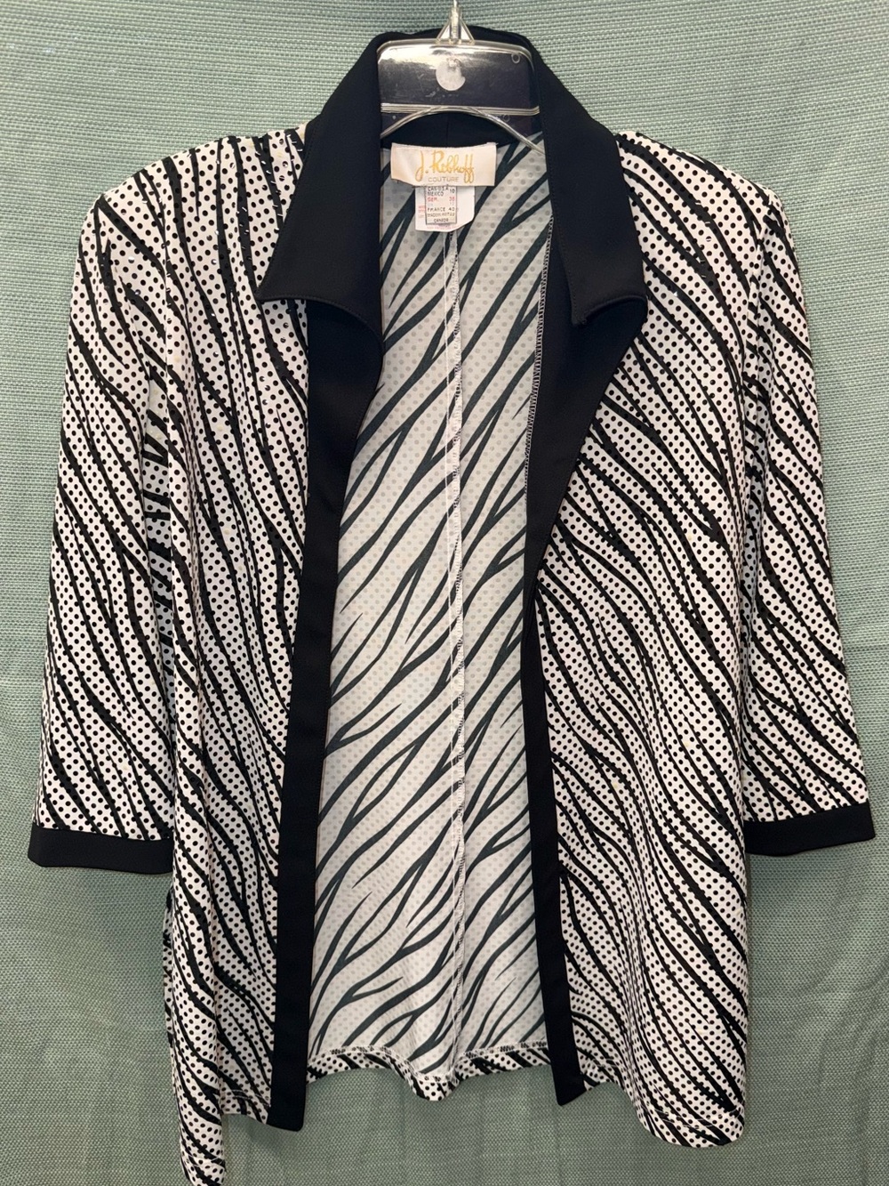 Vintage Joseph Ribkoff Couture Zebra Polka Dot Open Front Jacket Size 10
